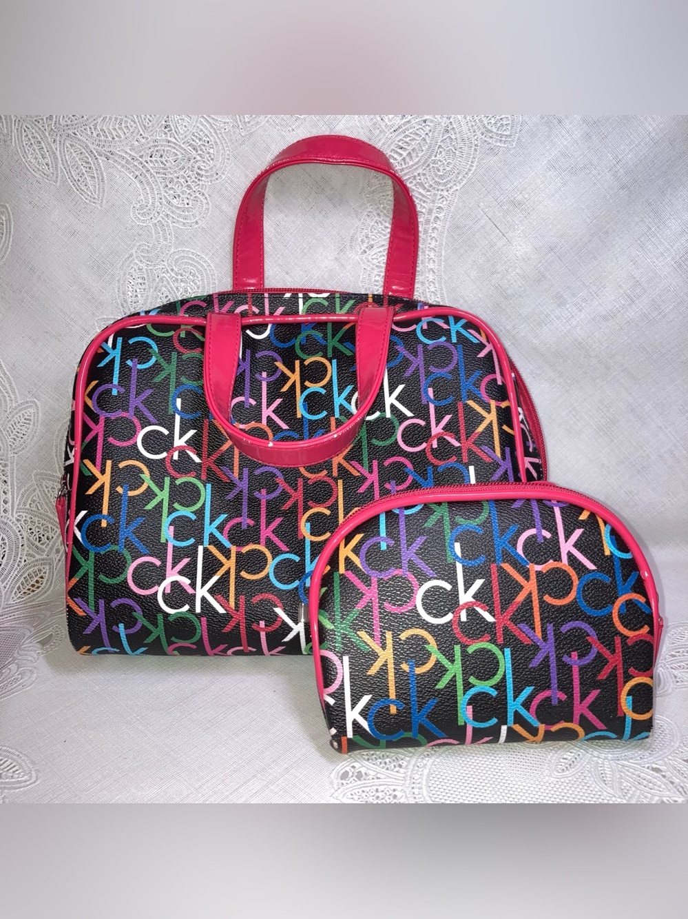 Calvin Klein Black Multicolor CK Logo Travel Bag Set with Pink Trim